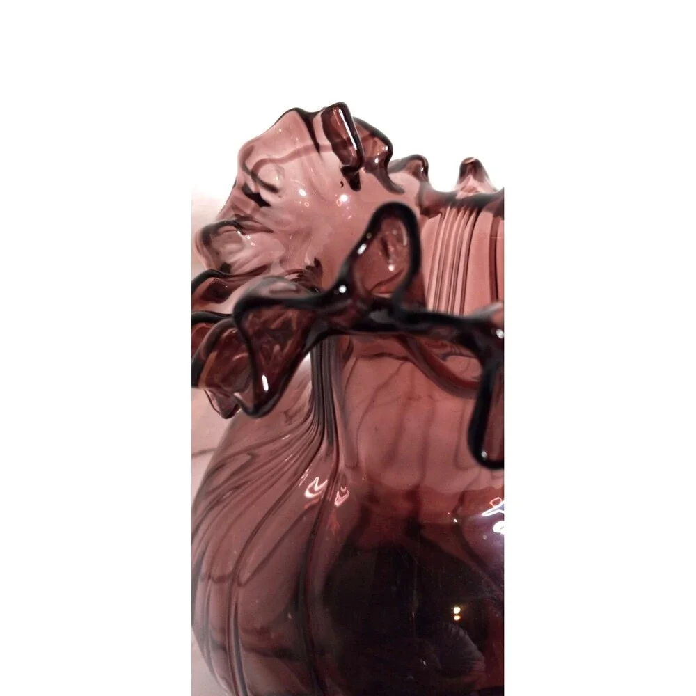 Vintage Hand Blown Amethyst Glass Vase.Ruffled Lip Melon Base